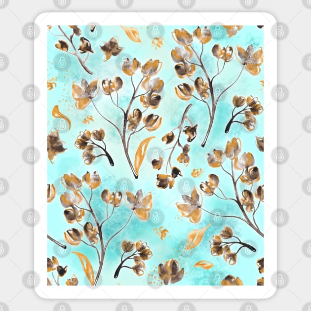 Hand-painted watercolor loose floral chintz in gold, blue, brown and turquoise as a seamless surface pattern design Sticker by nobelbunt